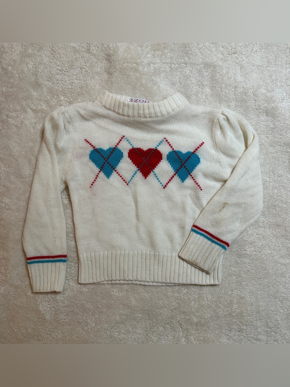Izod Cream Crewneck Sweater with Red and Teal Heart Motif